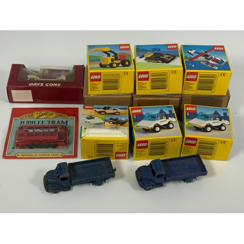 149 - 2 DIE CAST DINKY AUSTIN LORRIES IN BLUE, PLUS 6 BOXED LEGO VEHICLES 1610 X 3, 1630, 1631 & 1633. (CO... 