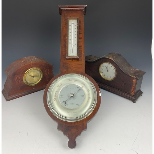 240 - OAK CASED BAROMETER SB MAKE, PLUS 2 MANTLE CLOCKS A/F