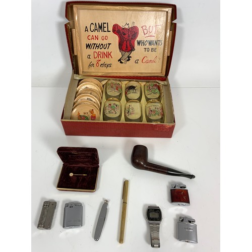 351 - MISC. ITEMS INCLUDING SMOKING PARAPHERNALIA, GENTS LCD VINTAGE WATCH, PIN, ETC