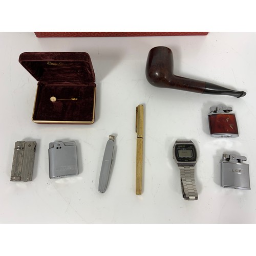 351 - MISC. ITEMS INCLUDING SMOKING PARAPHERNALIA, GENTS LCD VINTAGE WATCH, PIN, ETC