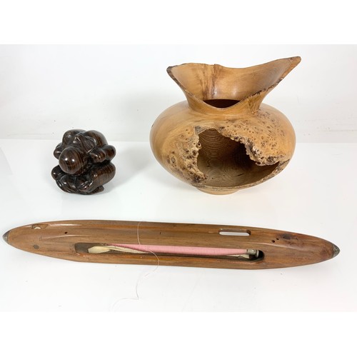 370 - TREEN BOWL, A SHUTTLE AND A HARDWOOD CARVING