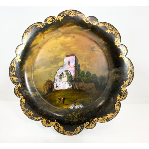 372 - VICTORIAN PAPIER MACHE PLATE WITH CHURCH DECORATION, IMPRESSED JENNENS AND BETTRIDGE