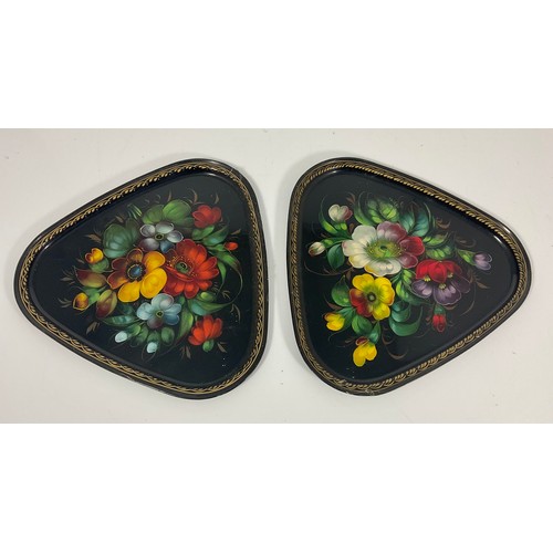 373 - PAIR OF TRIANGULAR METAL TRAYS WITH PAINTED DECORATION MADE IN USSR