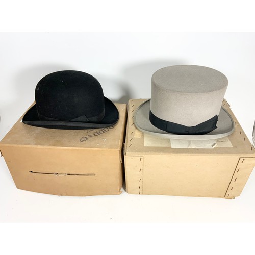 333 - DUNN & CO BOWLER HAT TOGETHER WITH A GREY TOP HAT – BOTH IN THEIR HAT BOXES