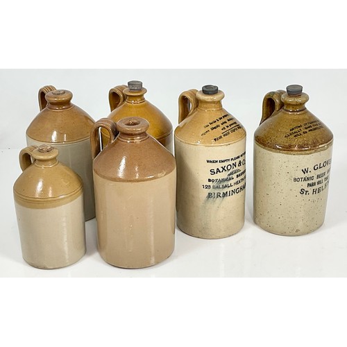 364 - STONEWARE BOTTLES SAXON & CO BIRMINGHAM & W GLOVER ST HELENS, PLUS 4 UNNAMED BOTTLES