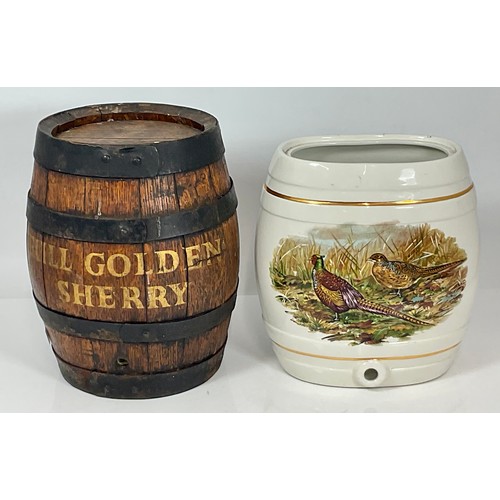 379 - WOODEN BARREL ‘FULL GOLDEN SHERRY’ APPROX. 34 CM TALL, T/W A PORCELAIN ROYAL WINTON OVAL BARREL