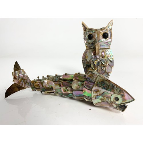 375 - MOTHER OF PEARL ARTICULATED FISH AF  19cm LONG AND MOTHER OF PEARL OWL 11cm TALL