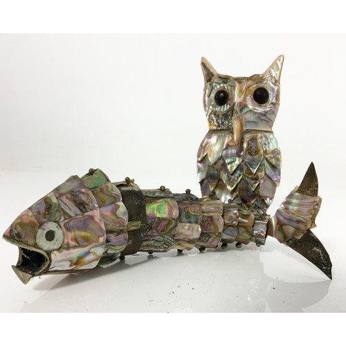 375 - MOTHER OF PEARL ARTICULATED FISH AF  19cm LONG AND MOTHER OF PEARL OWL 11cm TALL