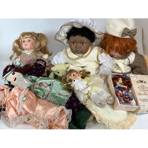 343 - COLLECTION OF LEONARDO COLLECTION PORCELAIN HEADED & OTHER DOLLS, PLUS A RAG DOLL