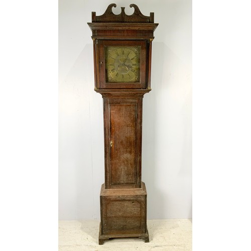 245 - OAK LONGCASE CLOCK HAVING BRASS FACE AND SPANDRELLS, DATE APERATURE, 8 DAY MOVEMENT, SIGNED DONISTHO... 