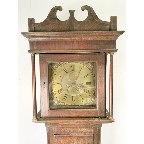 245 - OAK LONGCASE CLOCK HAVING BRASS FACE AND SPANDRELLS, DATE APERATURE, 8 DAY MOVEMENT, SIGNED DONISTHO... 