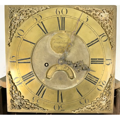 245 - OAK LONGCASE CLOCK HAVING BRASS FACE AND SPANDRELLS, DATE APERATURE, 8 DAY MOVEMENT, SIGNED DONISTHO... 