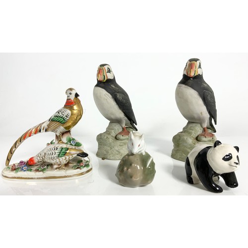 83 - A BESWICK PANDA, COPENHAGEN MOUSE A PHEASANT GROUP AND PAIR OF PUFFIN FIGURES