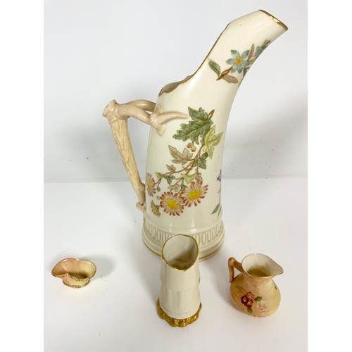 115 - ROYAL WORCESTER IVORY TUSK JUG WITH STYLISED ANTLER HANDLE 24cm TALL WITH 3 SMALL ROYAL WORCESTER PI... 