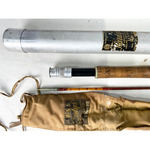 377 - TWO HARDY FISHING RODS IN ALUMINIUM TUBES , A J MACHPHERSON  3 SECTION CANE ROD IN CANVAS BAG TOGETH... 