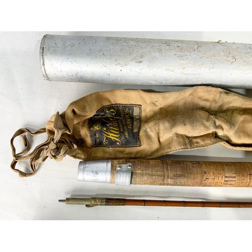 377 - TWO HARDY FISHING RODS IN ALUMINIUM TUBES , A J MACHPHERSON  3 SECTION CANE ROD IN CANVAS BAG TOGETH... 