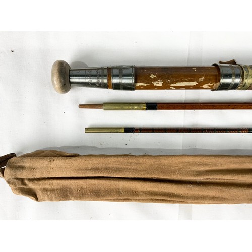 377 - TWO HARDY FISHING RODS IN ALUMINIUM TUBES , A J MACHPHERSON  3 SECTION CANE ROD IN CANVAS BAG TOGETH... 