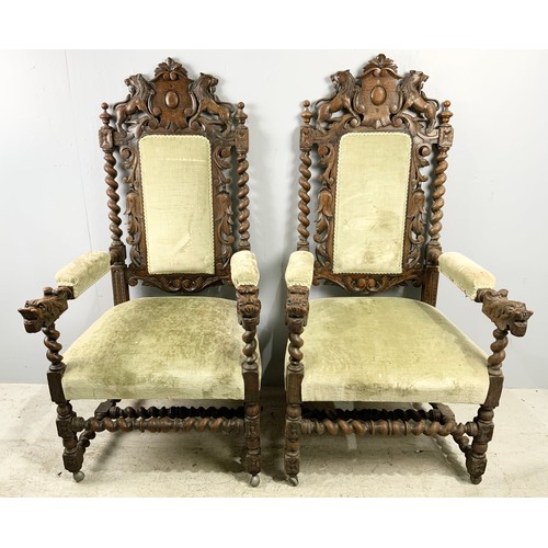 694 - VERY IMPRESSIVE PAIR OF CHAIRS HAVING CARVED WOODEN FRAMES, SHIELD BACK CRESTS WITH LION SUPPORTS AN... 