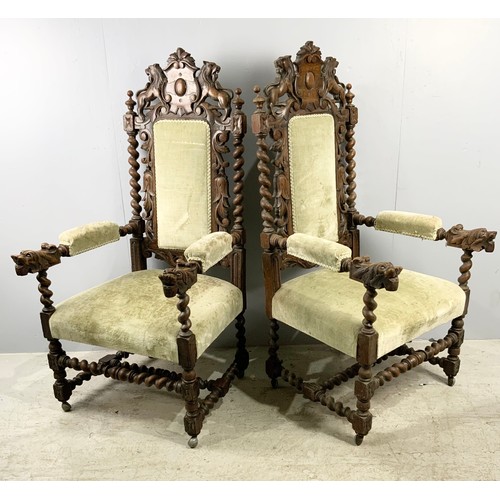 694 - VERY IMPRESSIVE PAIR OF CHAIRS HAVING CARVED WOODEN FRAMES, SHIELD BACK CRESTS WITH LION SUPPORTS AN... 