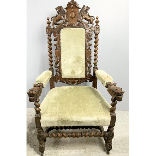 694 - VERY IMPRESSIVE PAIR OF CHAIRS HAVING CARVED WOODEN FRAMES, SHIELD BACK CRESTS WITH LION SUPPORTS AN... 