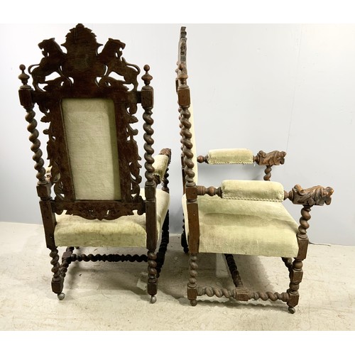 694 - VERY IMPRESSIVE PAIR OF CHAIRS HAVING CARVED WOODEN FRAMES, SHIELD BACK CRESTS WITH LION SUPPORTS AN... 