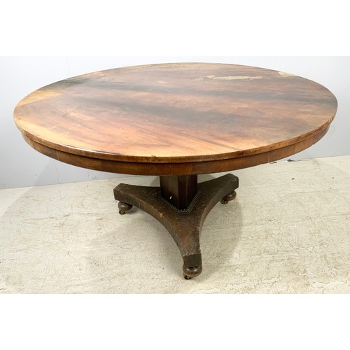 567 - MAHOGANY ROUND TOP BREAKFAST TABLE  116cm DIAMETER ON TRIANGULAR PEDESTAL AND TRIPARTITE BASE A/F