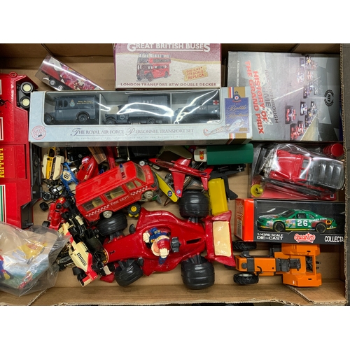 120 - TWO TRAYS OF DIECAST, INC WELLY TAXI, INTERTRANS 76, GILBROW ROADSTER SET, CORGI CLASSIC RAF BUS, VA... 