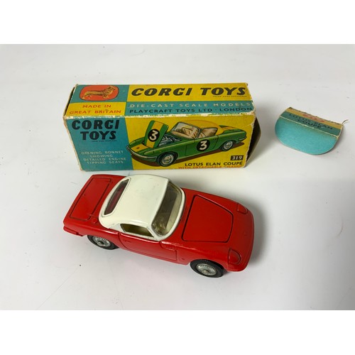 147 - CORGI 319 LOTUS ELAN COUPE BOXED (END FLAP DETACHED & ONE INNER FLAP MISSING)