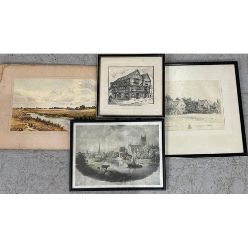 35 - PRINT OF NORTHERN FESS SHEEP FARM, WATERCOLOUR OF RIVER SCENE, PLUS VARIOUS ETHCINGS INC, ROUND HOUS... 