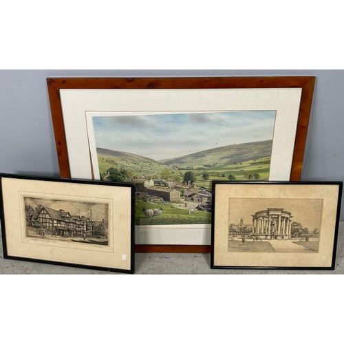 35 - PRINT OF NORTHERN FESS SHEEP FARM, WATERCOLOUR OF RIVER SCENE, PLUS VARIOUS ETHCINGS INC, ROUND HOUS... 