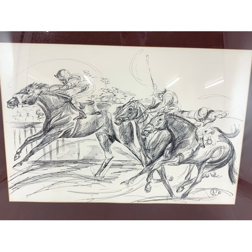 51 - PEN AND INK DEPICTING HORSE RACING SCENE WITH MONOGRAM CR