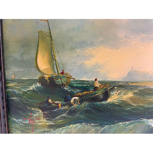 1 - OIL ON BOARD PAINTING A STORMY COASTAL SCENE  MONOGRAM BL 39cm x 19cm