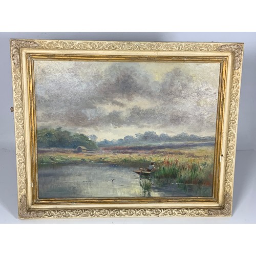 7 - C J ANTROBUS OIL ON BOARD DEPICTING A FISHERMAN IN A PUNT IN THE FENS, DATED 1911