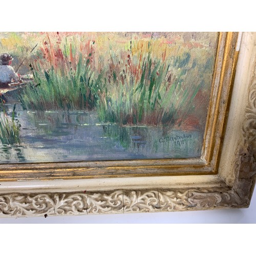 7 - C J ANTROBUS OIL ON BOARD DEPICTING A FISHERMAN IN A PUNT IN THE FENS, DATED 1911