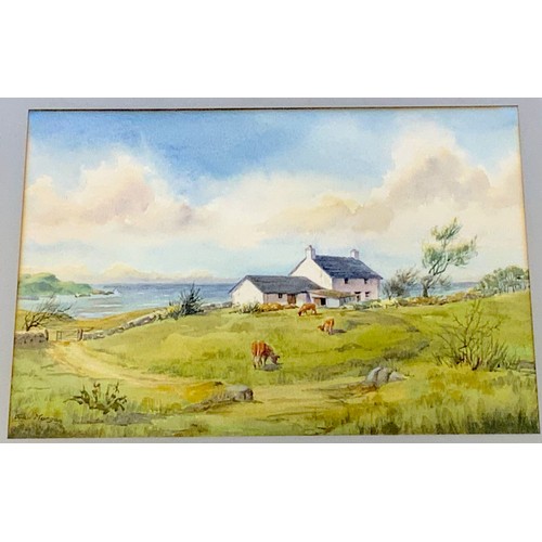 27 - JOAN MORGAN, VARIOUS WATERCOLOURS, WINDMILL, BEACHED BOAT AND VILLAGE SCENE, HEADLAND SCENE AND A SE... 