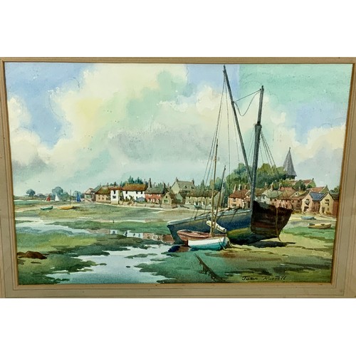 24 - JOAN RUSSELL WATERCOLOUR OF HARBOUR SCENE & LANDSCAPE