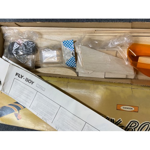 32 - MODEL AIRCRAFT KIT, SVENSON, FLY-BOY, & A BOX FOR CARL GOLDBERG MODELS INC. ANNIVERSARY EDITION PIPE... 