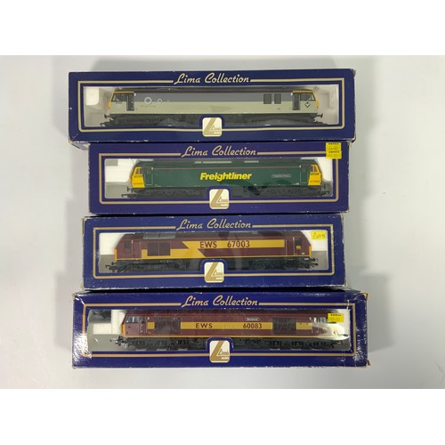 476 - LIMA 4 DIESEL LOCOMOTIVES, 57002 FREIGHTLINER, BOXED, 67003 EWS BOXED, 60083 EWS BOXED, 92034 RFD WR... 