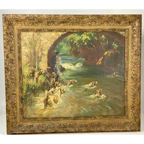 1 - GEORGE MOTRAM MOORHOUSE (1882-1960) OIL DEPICTING OTTER HOUNDS, APPROX. 61 X 51 cm