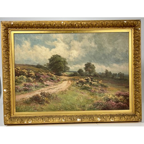 14 - OIL ON CANVAS DEPICTING MOORLAND SCENE INDISTINCTLY SIGNED POSSIBLY WILLIAM J. KING, approx. 56 x 39... 