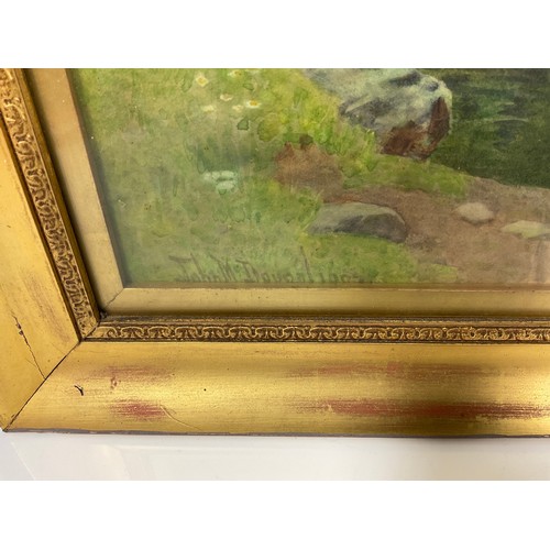 25 - JOHN McDOUGAL? CHARMING WATERCOLOUR DEPICTING A STREAM WITH DUCKS AND 2 FIGURES, INDISTINCTLY SIGNED... 