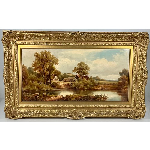 15 - HENRY MANDER, 19TH CENTURY OIL ON CANVAS DEPICTING RIVER SCENE WITH FIGURES AND FARM BUILDINGS, ‘TOP... 