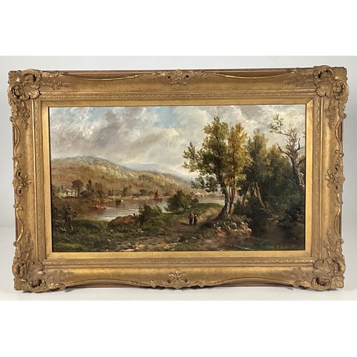 13 - M.M.JACOBI, OIL ON CANVAS DEPICTING A WOODED RIVERSIDE SCENE WITH FIGURES TITLED ‘THE SEVERN, WORCES... 