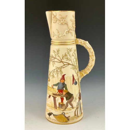 45 - A ROYAL WORCESTER BLUSH IVORY EWER DECORATED WITH ELVES/ GOBLINS MAKING A DOOR, APPROX. 25.5 cm, sha... 