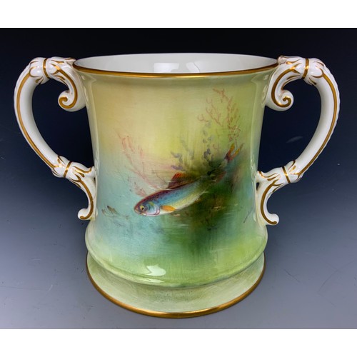 49 - TWO HANDLED WORCESTER TANKARD SIGNED W H AUSTIN WITH HAND PAINTED GRAYLING