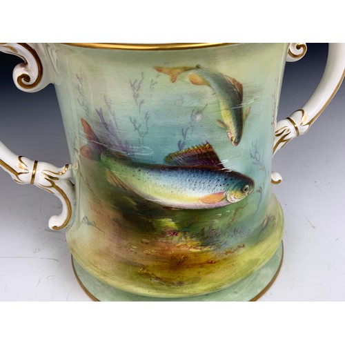 49 - TWO HANDLED WORCESTER TANKARD SIGNED W H AUSTIN WITH HAND PAINTED GRAYLING