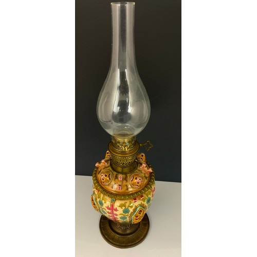 53 - ZSOLNAY PECS TYPE PIERCED POTTERY OIL RESERVOIR LAMP