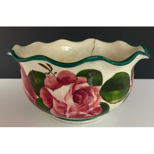 54 - 3 PIECES OF WEMYSS WARE, WAISTED VASE APPROX. 11 cm, FLUTED BOWL APPROX. 15 cm dia AND PLATE APPROX.... 