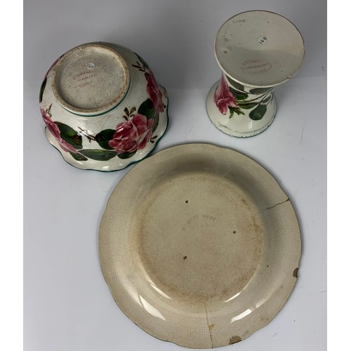 54 - 3 PIECES OF WEMYSS WARE, WAISTED VASE APPROX. 11 cm, FLUTED BOWL APPROX. 15 cm dia AND PLATE APPROX.... 