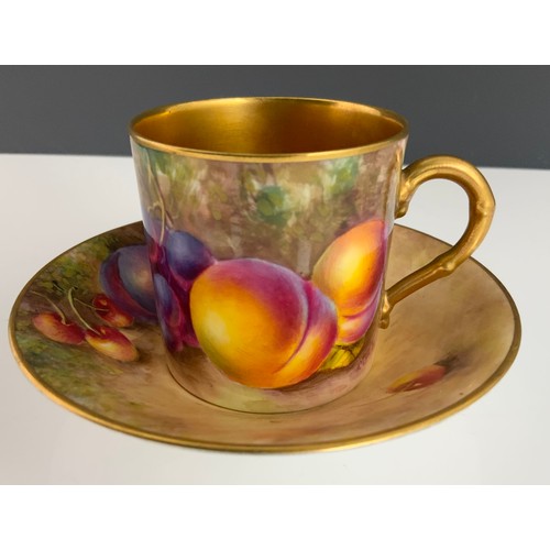 48 - HAND PAINTED ROYAL WORCESTER COFFEE CAN AND SAUCER, BOWEN AND FREEMAN AND AHAND PAINTED SAUCER AUTUM... 